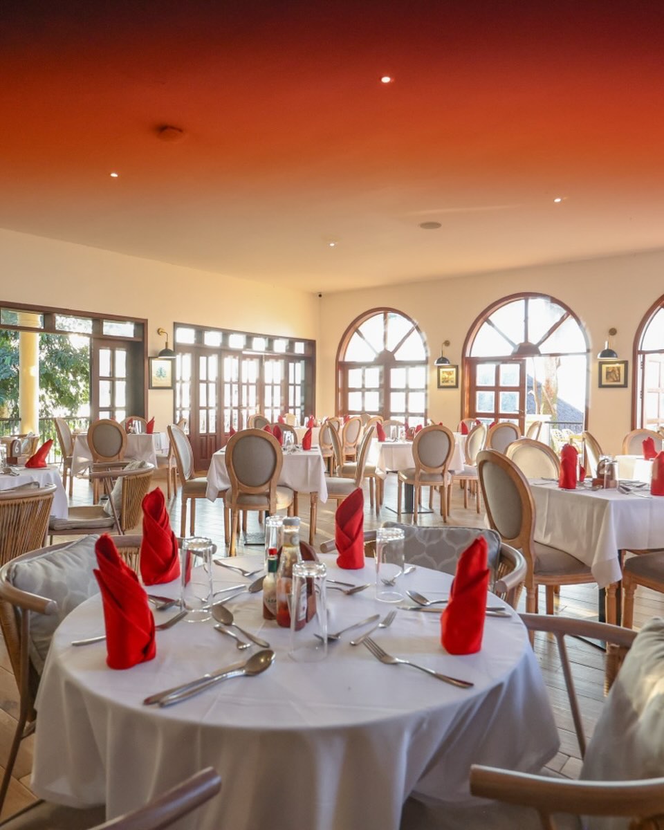 Restaurant dining room with arched windows